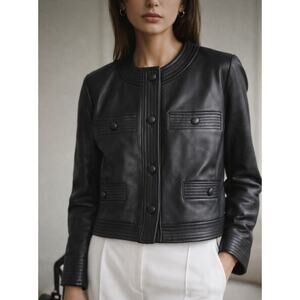 NWT Brooks Brothers Womens Leather Jacket Collarless Button Black Size 12 Luxury